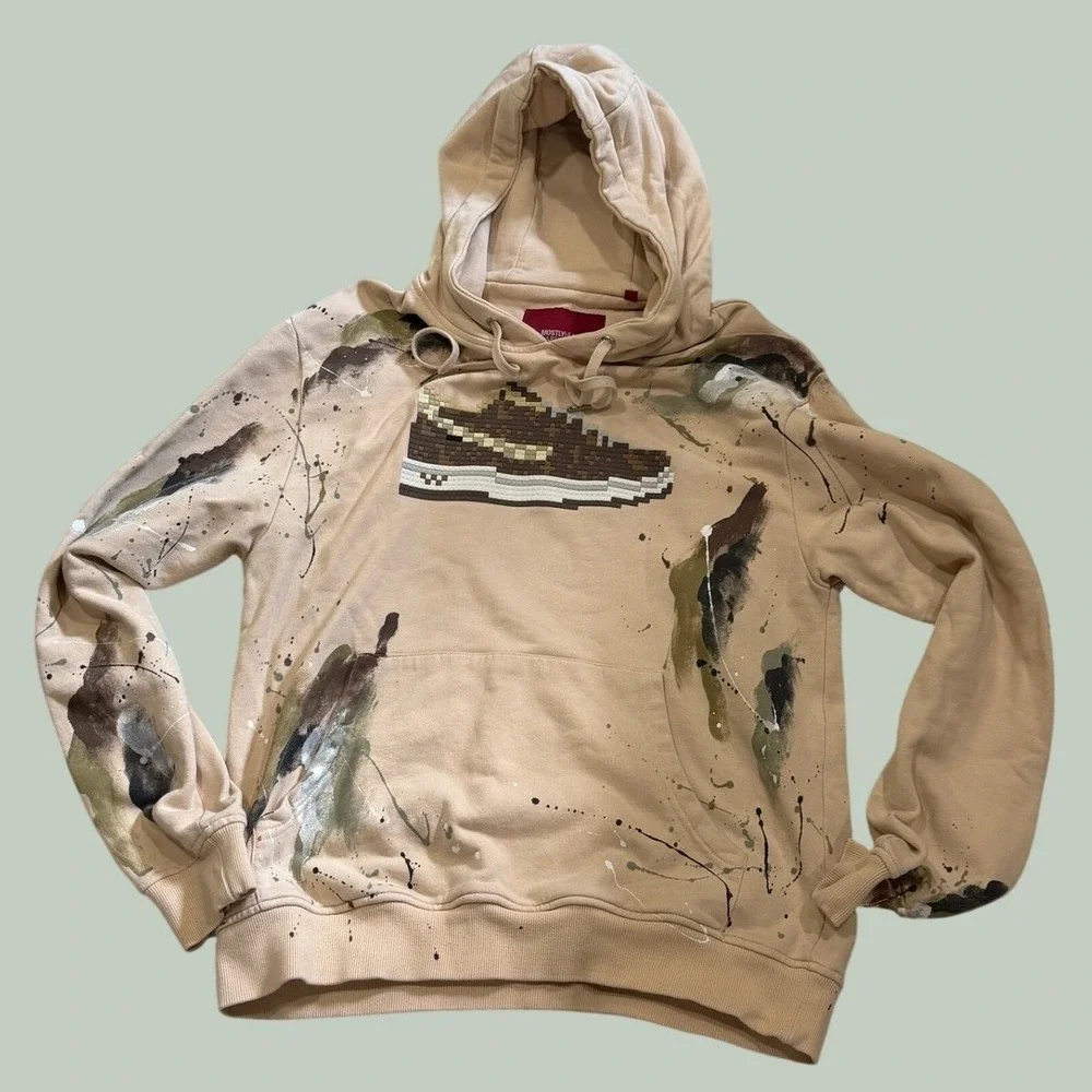 Mostly Heard Rarely Seen 8-Bit Paint Splatter Hoodie Tan Pixel Sneaker Mens M